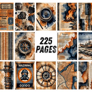 Páginas para diário de arte industrial com estilo vintage, papel para scrapbook urbano, itens imprimíveis steampunk, kit de diário de arte grunge em aquarela com tema de tijolos. imagem 8