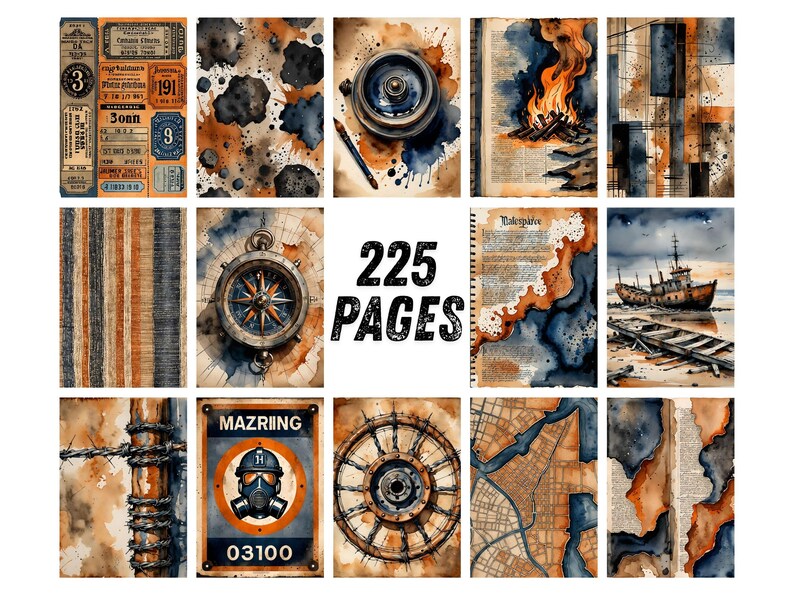 Páginas para diário de arte industrial com estilo vintage, papel para scrapbook urbano, itens imprimíveis steampunk, kit de diário de arte grunge em aquarela com tema de tijolos. imagem 8