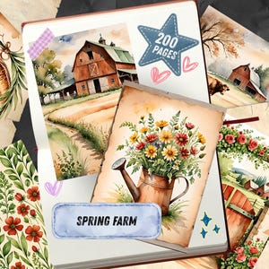 May include: A watercolor-style journal with a farm theme. The cover features a barn scene, and the pages include illustrations of flowers, barns, and fields. The journal has a blue star-shaped tag that says "200 pages" and a blue rectangular tag that says "Spring Farm".