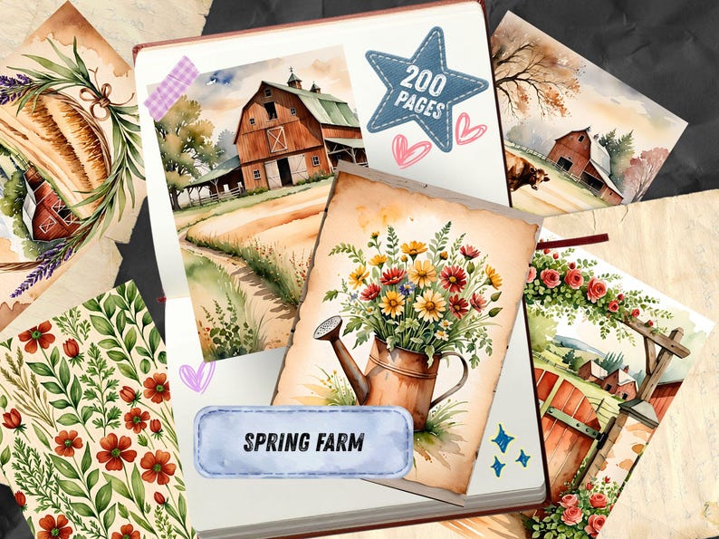 May include: A watercolor-style journal with a farm theme. The cover features a barn scene, and the pages include illustrations of flowers, barns, and fields. The journal has a blue star-shaped tag that says "200 pages" and a blue rectangular tag that says "Spring Farm".