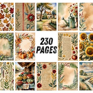 May include: A collection of 230 pages featuring watercolor illustrations of autumn leaves, sunflowers, pumpkins, garden scenes, rustic landscapes, floral borders, and vintage-style script text on parchment-like backgrounds for decorative use.