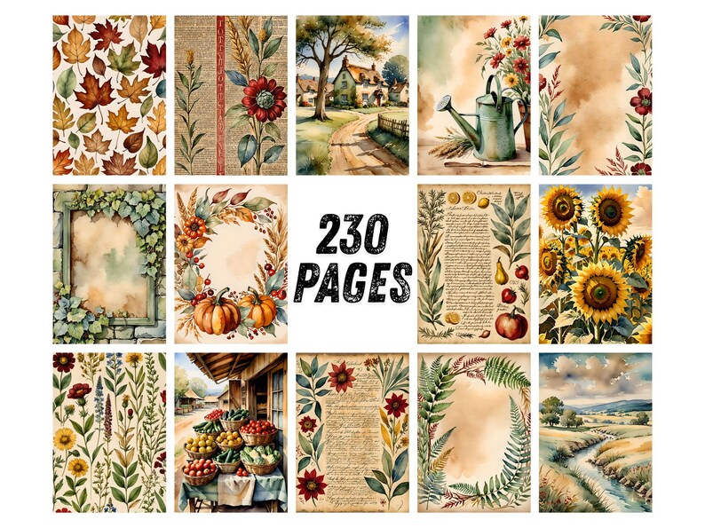 May include: A collection of 230 pages featuring watercolor illustrations of autumn leaves, sunflowers, pumpkins, garden scenes, rustic landscapes, floral borders, and vintage-style script text on parchment-like backgrounds for decorative use.