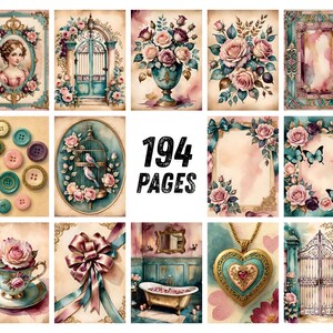 K&ouml;nnte beinhalten: Eine Sammlung von 194 Seiten mit Illustrationen im Vintage-Stil, darunter Portr&auml;ts, Blumenarrangements, verzierte Rahmen, Kn&ouml;pfe, Vogelk&auml;fige, Teetassen, Schleifen, Badewannen, herzf&ouml;rmige Medaillons und Gartentore in Pastell- und Blaut&ouml;nen.