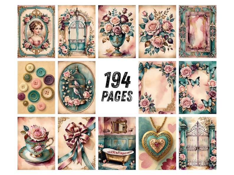 K&ouml;nnte beinhalten: Eine Sammlung von 194 Seiten mit Illustrationen im Vintage-Stil, darunter Portr&auml;ts, Blumenarrangements, verzierte Rahmen, Kn&ouml;pfe, Vogelk&auml;fige, Teetassen, Schleifen, Badewannen, herzf&ouml;rmige Medaillons und Gartentore in Pastell- und Blaut&ouml;nen.