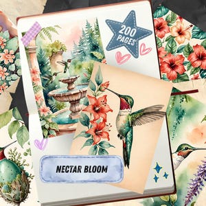 Pu&ograve; includere: Un diario con un design ad acquerello con colibr&igrave;, fiori e una fontana. Il diario ha un adesivo blu a forma di stella con la scritta "200 PAGES". Il diario &egrave; circondato da altre illustrazioni ad acquerello.
