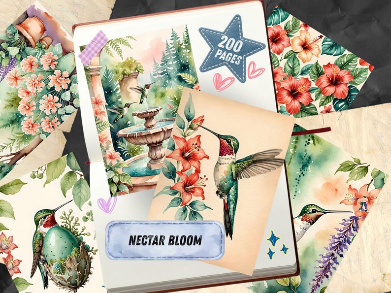 Pu&ograve; includere: Un diario con un design ad acquerello con colibr&igrave;, fiori e una fontana. Il diario ha un adesivo blu a forma di stella con la scritta "200 PAGES". Il diario &egrave; circondato da altre illustrazioni ad acquerello.