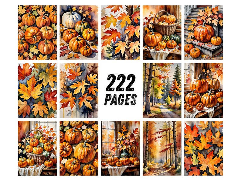 Autumn Dreams Watercolor Junk Journal Pages, Pumpkin Fall Leaves Scrapbook Paper, Cozy Cider Season Printable Ephemera, Rustic Craft Kit image 8
