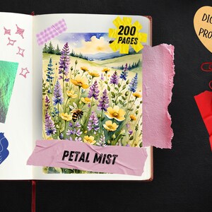 May include: Open notebook with a watercolor illustration of a field of yellow and purple wildflowers, a bee, and a distant landscape. The text "PETAL MIST" is on a pink tape. A yellow starburst sticker reads "200 PAGES". Decorative elements include a heart-shaped sticker that says "DIGITAL PRODUCT".