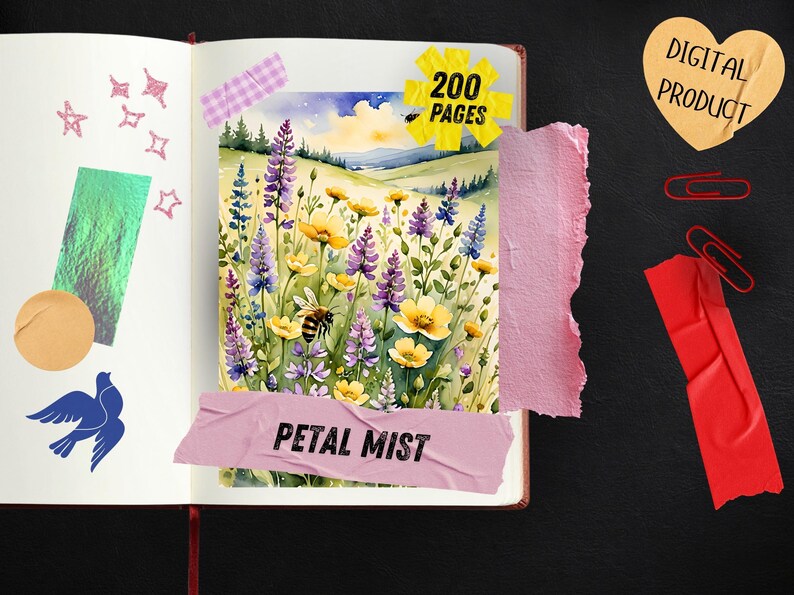 May include: Open notebook with a watercolor illustration of a field of yellow and purple wildflowers, a bee, and a distant landscape. The text "PETAL MIST" is on a pink tape. A yellow starburst sticker reads "200 PAGES". Decorative elements include a heart-shaped sticker that says "DIGITAL PRODUCT".