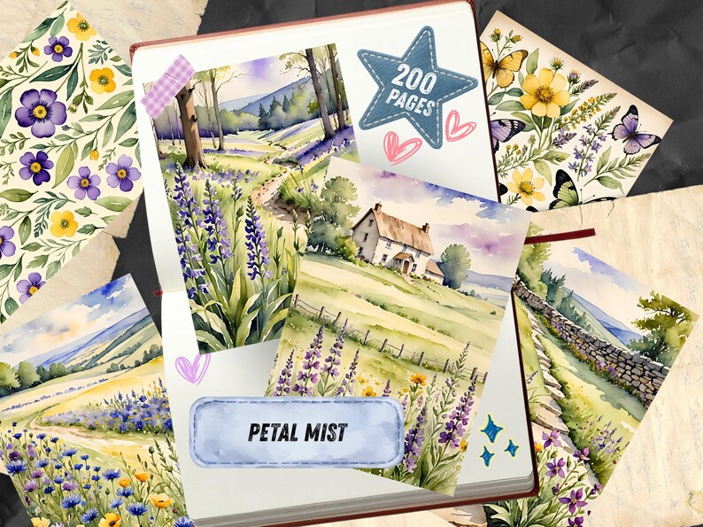Lavender Meadow Ephemera, Poppy Countryside Scrapbook Paper, Bluebell Landscape Collage, Cottagecore Junk Journal Kit, Instant Download image 3