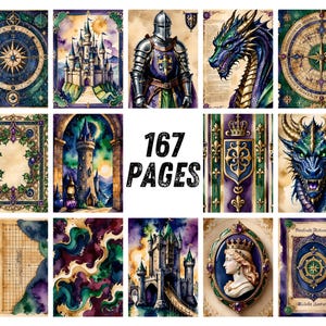 Dragon Junk Journal Pages, Medieval Fantasy Scrapbook Paper, Knight Castle Printable Ephemera, Gothic Watercolor Fantasy Art Journal Kit image 9