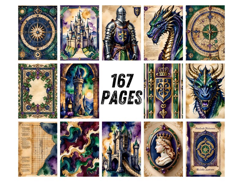 Dragon Junk Journal Pages, Medieval Fantasy Scrapbook Paper, Knight Castle Printable Ephemera, Gothic Watercolor Fantasy Art Journal Kit image 9