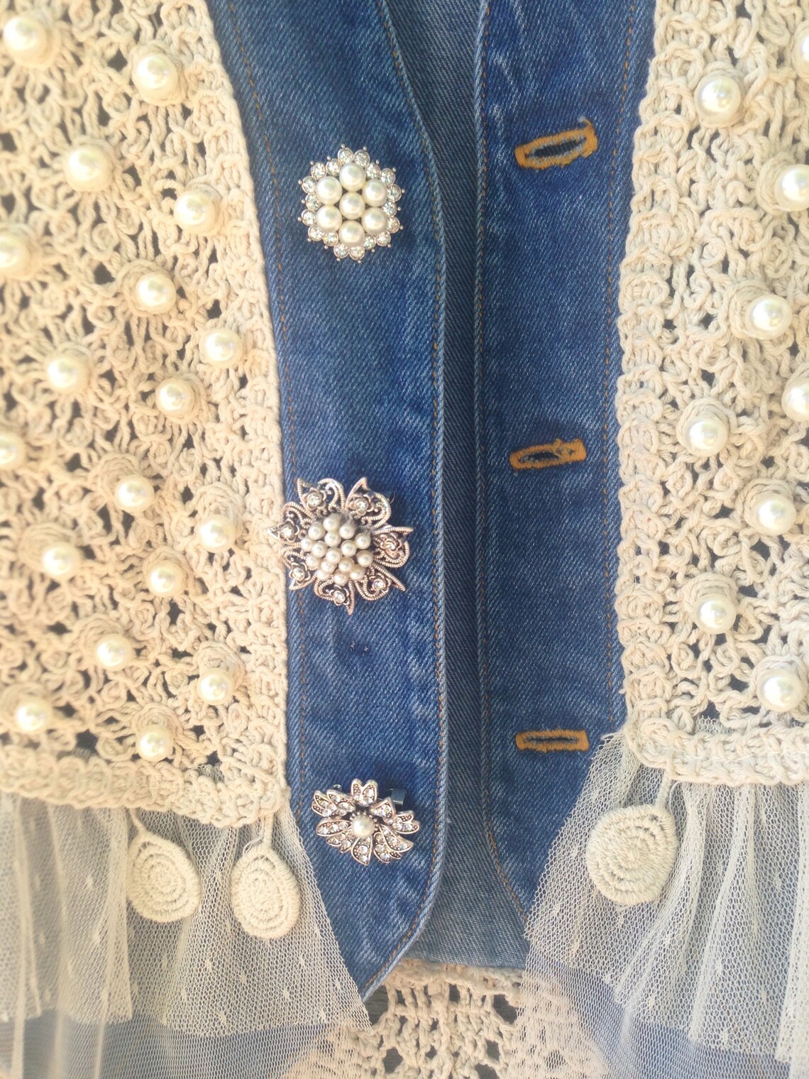 Women's Denim Vest With Crocheted Overlay Hand Beaded - Etsy