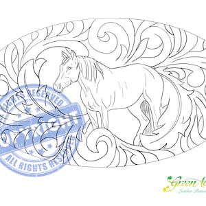 May include: Oval-shaped line art design featuring a horse surrounded by swirling floral patterns. The image is a leather pattern design with the text "ALL RIGHTS RESERVED" and "Green Acres Leather Patterns".