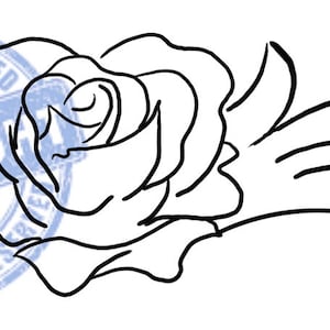 May include: A black and white line drawing of a stylized rose with leaves and swirls. The rose is in the center of the design and is surrounded by leaves and swirls.