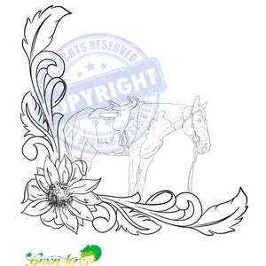 Puede incluir: Un dibujo en blanco y negro de un caballo con una silla de montar y una brida. El caballo está de pie sobre un diseño floral con un girasol. El diseño está etiquetado como "Green Acres Leather Patterns" en texto verde y negro.