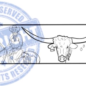 Puede incluir: Dibujo en blanco y negro de un vaquero montando un toro longhorn, con un diseño floral a cada lado. El diseño es adecuado para usar como borde o adorno.