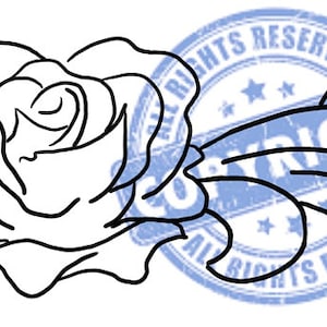 Puede incluir: Un dibujo en blanco y negro de un diseño floral decorativo con una rosa en el centro. El diseño está formado por hojas y espirales.