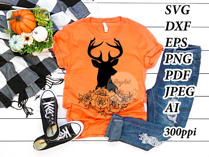 Deer Head SVG Deer SVG Deer Clipart Deer Head with flower Clipart Deer ai Hunting SVG Files Svg Files for Cricut Silhouette Animal ai #64