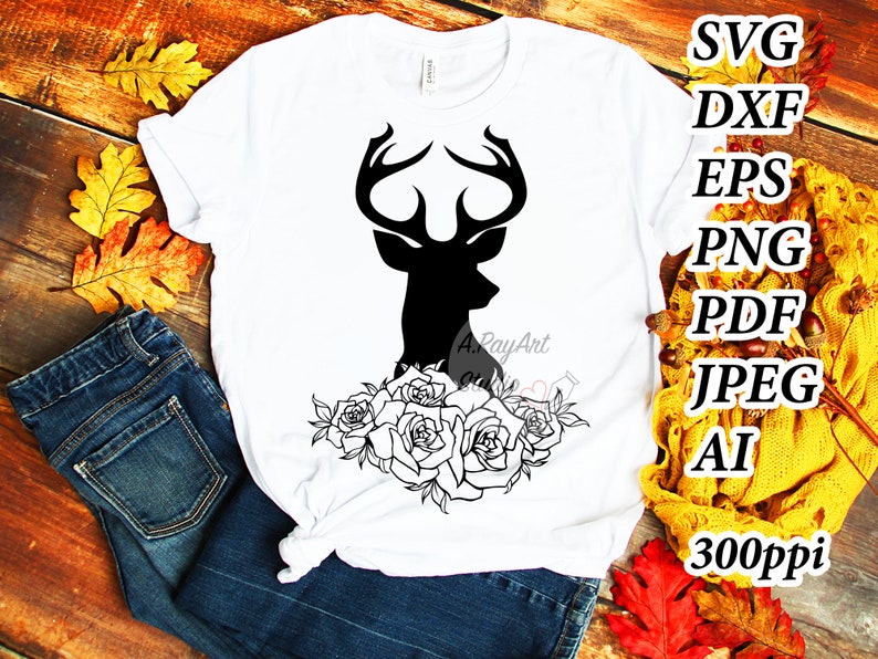 Deer Head SVG Deer SVG Deer Clipart Deer Head with flower Clipart Deer ai Hunting SVG Files Svg Files for Cricut Silhouette Animal ai #64