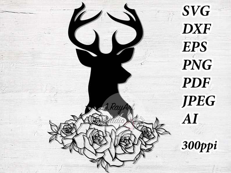 Deer Head SVG Deer SVG Deer Clipart Deer Head with flower Clipart Deer ai Hunting SVG Files Svg Files for Cricut Silhouette Animal ai #64