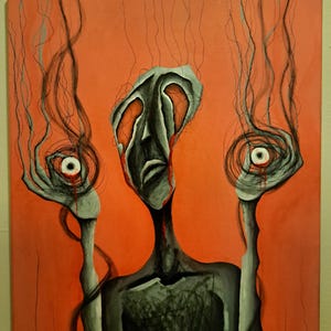 May include: An abstract painting on canvas featuring a figure with a gray head and body against a vibrant orange background. The figure holds two stylized eyes, with red details, and black lines descend from the head.