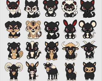 Bundel met SVG- en PNG-afbeeldingen van kwaadaardige dieren: 20 vectorcliparts + bonusontwerpen (digitale download)
