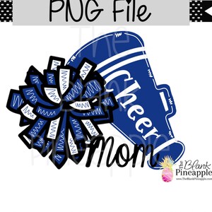 Puede incluir: Pompon de animadora azul y blanco y meg&aacute;fono con el texto "Cheer Mom" en negro.
