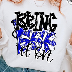 Cheer Design PNG, Bringen Sie es auf Cheer Megaphon und Pom Poms in Blau und Weiß, Cheer Sublimation PNG, Cheerleader Design
