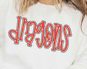 Dragons SVG Cut File, Outlined Dragons Mascot SVG, Dxf, and png Digital Download, Mascot name shirt design. Team name design. Hand Lettered
