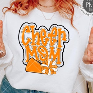 Cheer Design PNG, Cheer Mom with Pom Pom and Megaphone in Orange and White PNG, Cheerleading Sublimation Design, Hand Lettered
