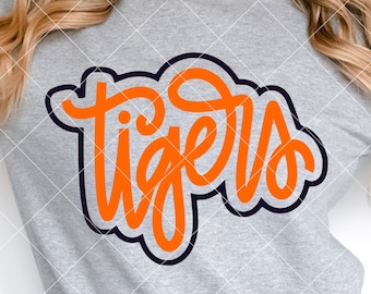 Tigers SVG Cut File, Outlined Tigers Mascot SVG, Dxf, and png Digital Download, Mascot name shirt design. Team name design. Hand Lettered
