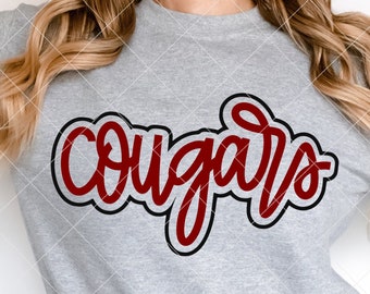 Cougars SVG Cut File, Outlined Cougars Mascot SVG, Dxf, and png Digital Download, Mascot name shirt design. Team name design. Hand Lettered