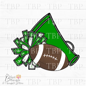 Cheer Design PNG Football, Megaphone, and Cheer Pom Poms in Green PNG 300dpi Clipart Sublimation Download Design