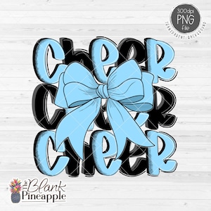Cheer Design PNG, Cheer with Bow in Light Blue and Black PNG, Cheer Sublimation Png, Cheerleading Bow Png, 300dpi RGB