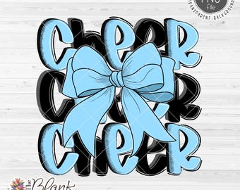 Cheer Design PNG, Cheer with Bow in Light Blue and Black PNG, Cheer Sublimation Png, Cheerleading Bow Png, 300dpi RGB