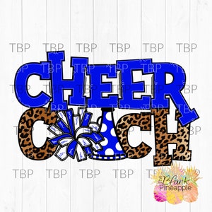 Cheer Design PNG,  Cheer Coach Leopard with Blue Pom Poms PNG, Cheer sublimation design, Cheerleading PNG