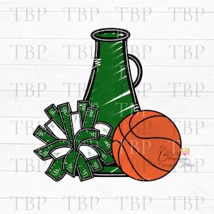 Cheer Design PNG, Cheer Basketball Megaphone and Pom Pom in Dark Green Clipart Download Design Cheer digital design Cheerleading Basketball