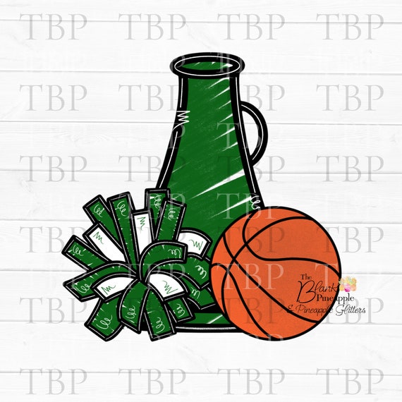 Cheer Design PNG, Cheer Basketball Megaphone and Pom Pom in Dark