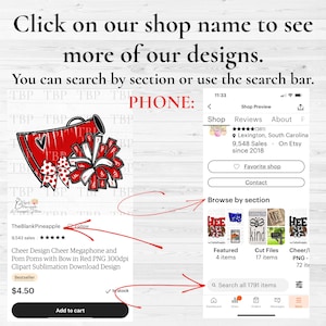 May include: A red and white cheer megaphone with a red bow and pom poms. The megaphone has a white heart on the side and the text "TBP" repeated multiple times. The image is a digital download design for sublimation.