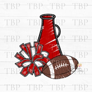 Cheer Design PNG, Cheer Football Megaphone and Pom Poms in Red PNG 300dpi Clipart Sublimation Download Design Cheer digital design