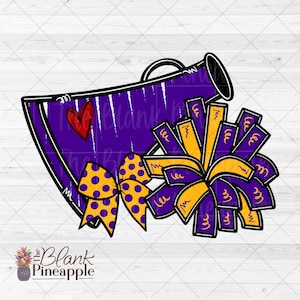 Cheer Design PNG, Cheer Megaphone and Pom Poms with Bow in Purple and Yellow Gold PNG, Cheer Sublimation PNG, Cheerleading design