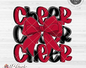 Cheer Design PNG, Cheer with Bow in Red and Black PNG, Cheer Sublimation Png, Cheerleading Bow Png, 300dpi RGB