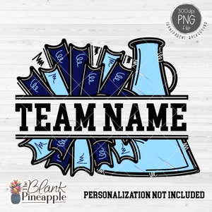 Cheer Design PNG, Add Your Own Name Cheer Megaphone and Pom Poms in Dark and Light Blue PNG, Cheer Sublimation PNG, Cheerleading design