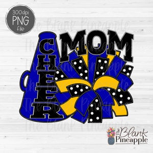 Cheer Mom Megaphone and Polka Dot Pom Pom PNG design in Blue and Yellow, Cheer mom shirt design, Cheerleading sublimation PNG 300dpi