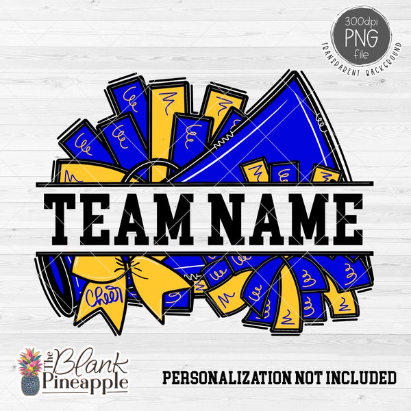 Cheer Design PNG, Add Your Own Name Cheer Megaphone and Pom Poms in Blue and Yellow PNG, Cheer Sublimation PNG, Cheerleading design