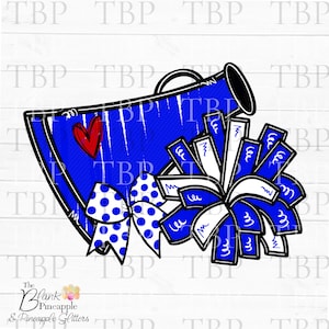 Cheer Design PNG, Cheer Megaphone and Pom Poms with Bow in Blue PNG, Cheer Sublimation PNG, Cheerleading design