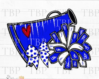 Cheer Design PNG, Cheer Megaphon und Pom Poms mit Schleife in Blau PNG, Cheer Sublimation PNG, Cheerleader Design