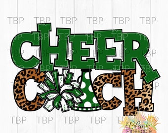 Cheer Design PNG, Cheer Coach Leopard with Dark Green Pom Poms PNG 300dpi Clipart Sublimation Download Design
