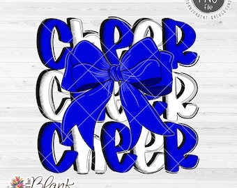 Cheer Design PNG, Cheer with Bow in Blue and White PNG, Cheer Sublimation Png, Cheerleading Bow Png, 300dpi RGB